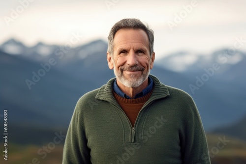 Portrait of a smiling senior man with a beard in the mountains