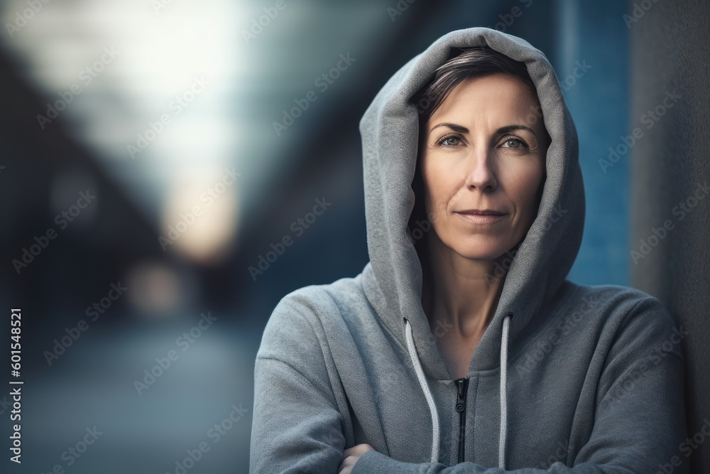 Portrait of a beautiful mature woman in hoodie looking at camera