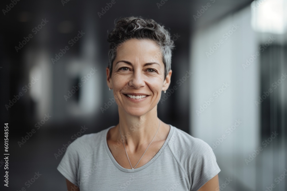 Portrait of smiling mature woman standing in corridor of modern office building Portrait of smiling mature woman standing in corridor of modern office building