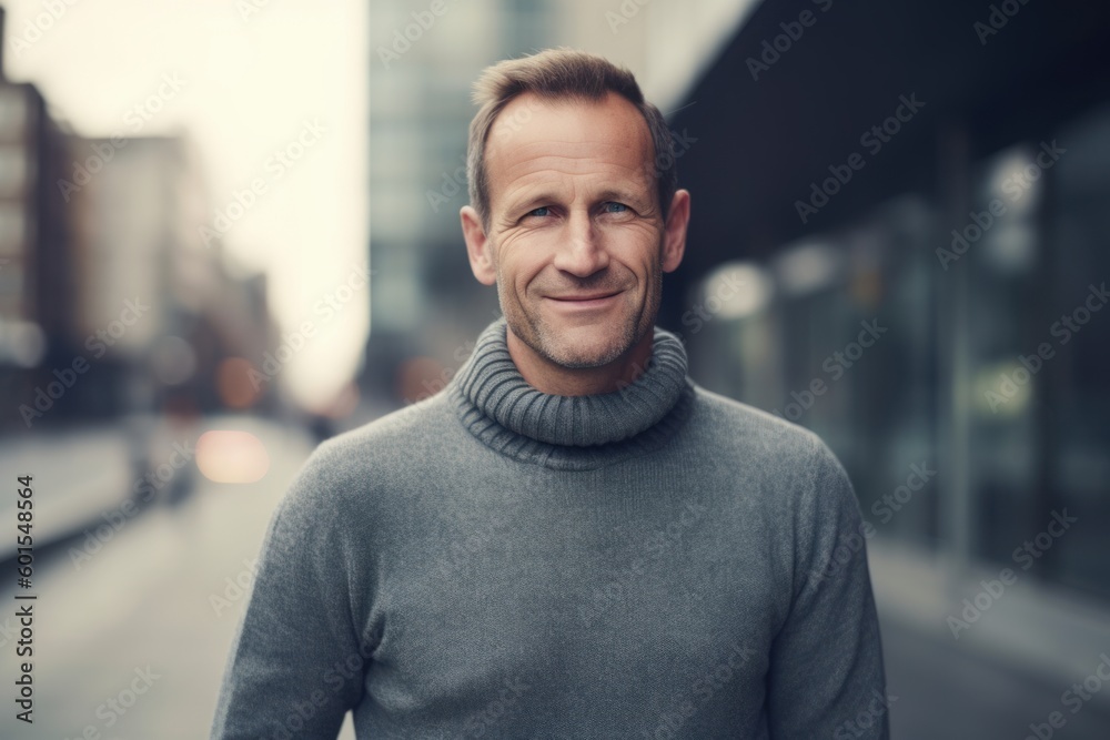 Medium shot portrait photography of a satisfied man in his 40s wearing a cozy sweater against a modern architectural background. Generative AI Medium shot portrait photography of a satisfied man in his 40s wearing a cozy sweater against a modern architectural background. Generative AI