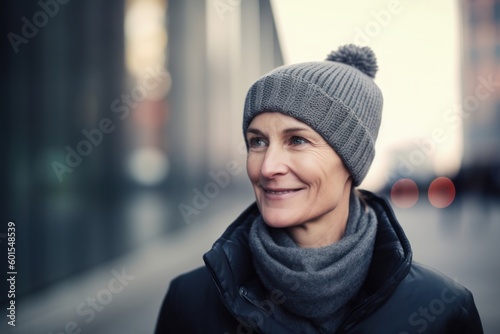 Portrait of a smiling middle-aged woman in a hat and coat in the city © Hanne Bauer