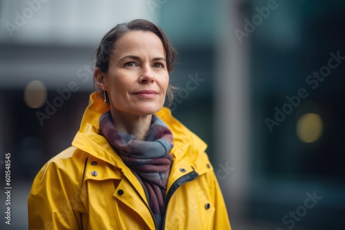 beautiful middle aged woman in yellow raincoat looking away in city