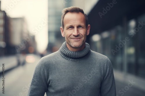 Medium shot portrait photography of a satisfied man in his 40s wearing a cozy sweater against a modern architectural background. Generative AI © Hanne Bauer