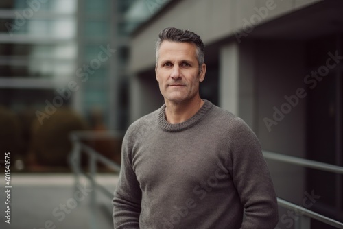 Portrait of a handsome mature man in a grey sweater standing outdoors