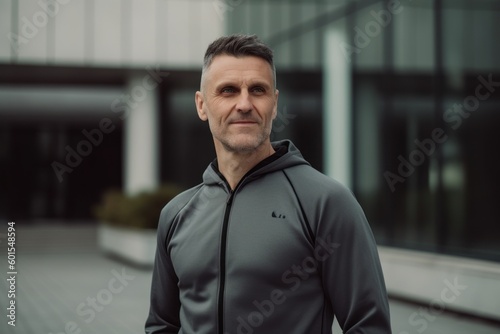 Handsome middle-aged man in sportswear posing outdoors