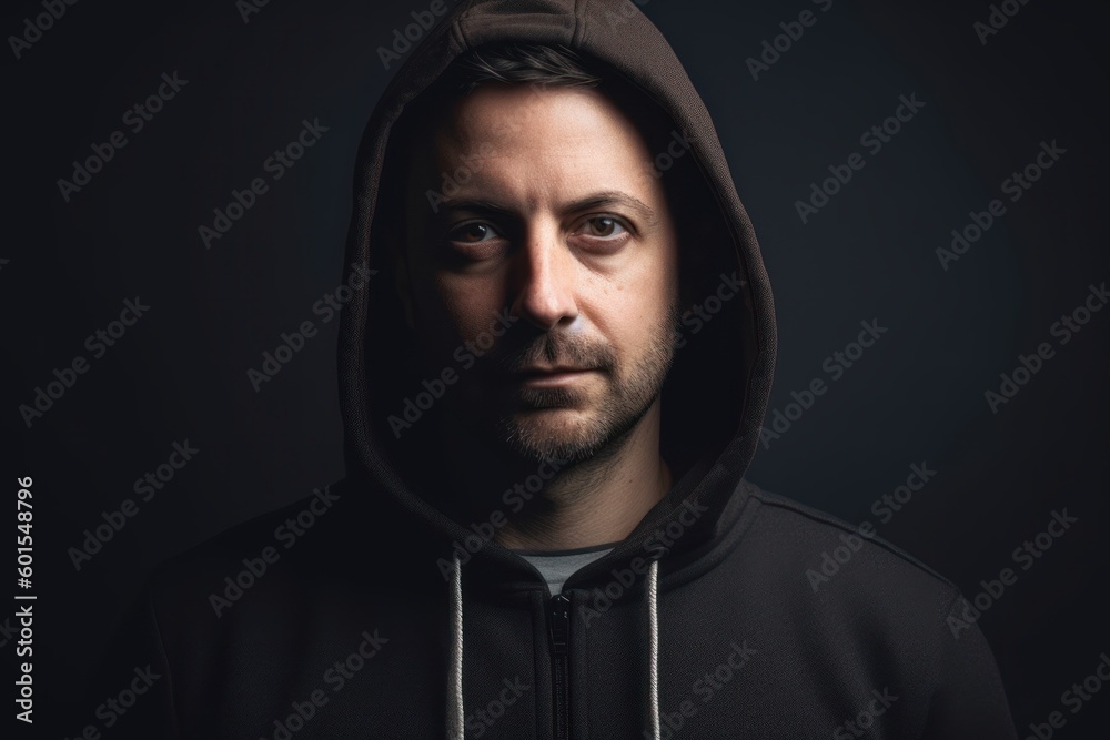 Portrait of a man in a hoodie on a dark background Portrait of a man in a hoodie on a dark background