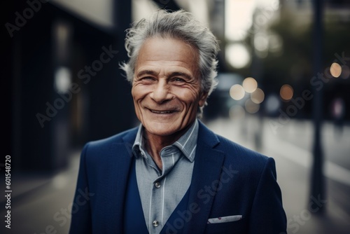 Portrait of smiling senior man in suit on the street at night