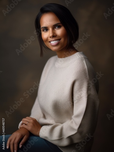 Portrait of a beautiful young woman in a beige sweater.