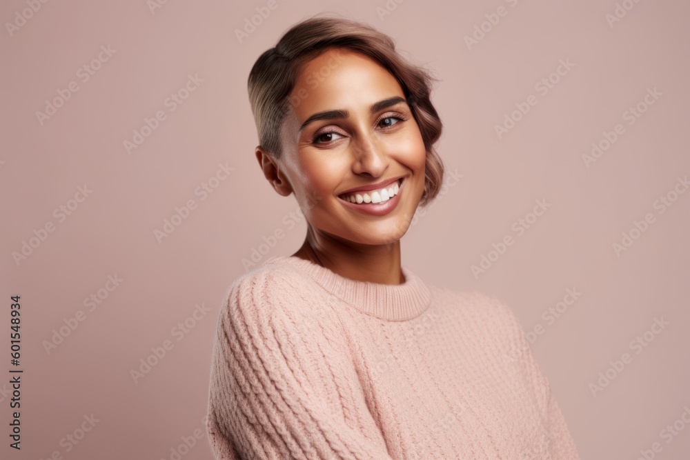 Fototapeta premium Portrait of a beautiful smiling young woman in a pink sweater.
