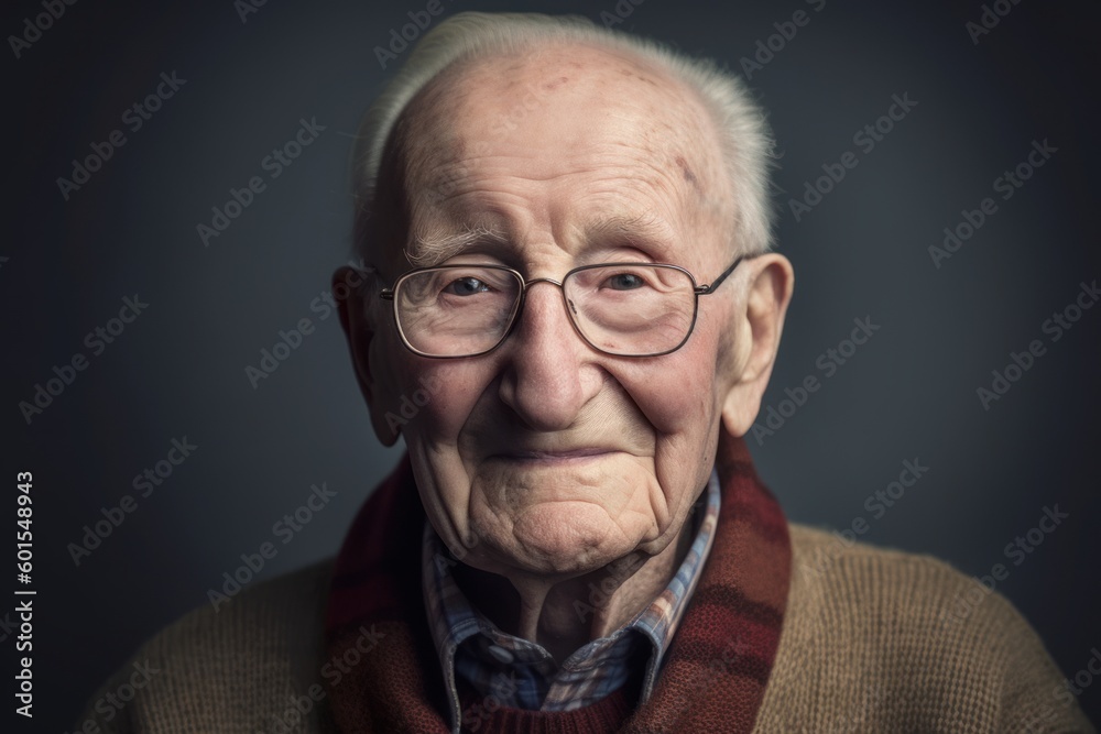 Portrait of an old man with glasses and a scarf on a gray background Portrait of an old man with glasses and a scarf on a gray background