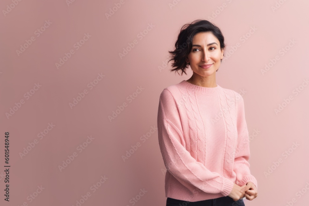 Fototapeta premium Portrait of a beautiful young woman standing against a pink background.
