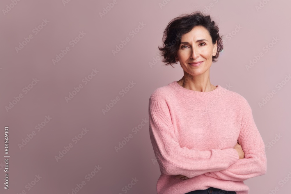Medium shot portrait photography of a satisfied woman in her 40s wearing a cozy sweater against a pastel or soft colors background. Generative AI Medium shot portrait photography of a satisfied woman in her 40s wearing a cozy sweater against a pastel or soft colors background. Generative AI