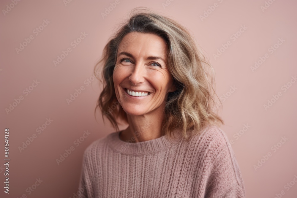Lifestyle portrait photography of a cheerful woman in her 40s wearing a cozy sweater against a pastel or soft colors background. Generative AI Lifestyle portrait photography of a cheerful woman in her 40s wearing a cozy sweater against a pastel or soft colors background. Generative AI