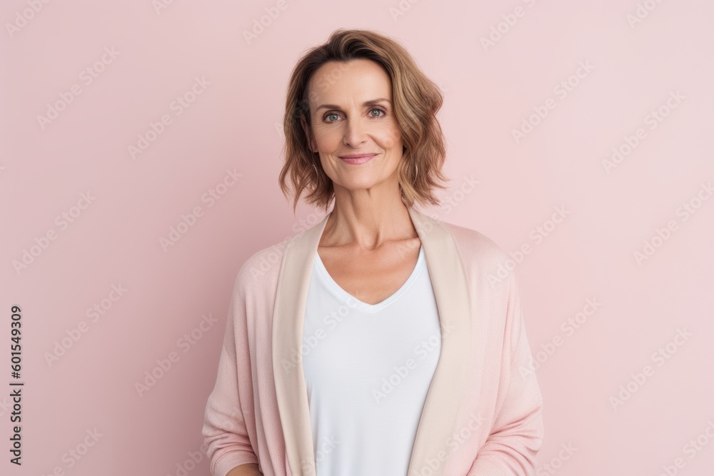 Portrait of a beautiful middle-aged woman in a pink jacket on a pink background Portrait of a beautiful middle-aged woman in a pink jacket on a pink background