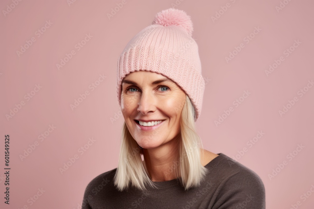 Portrait of a beautiful woman in a pink hat on a pink background