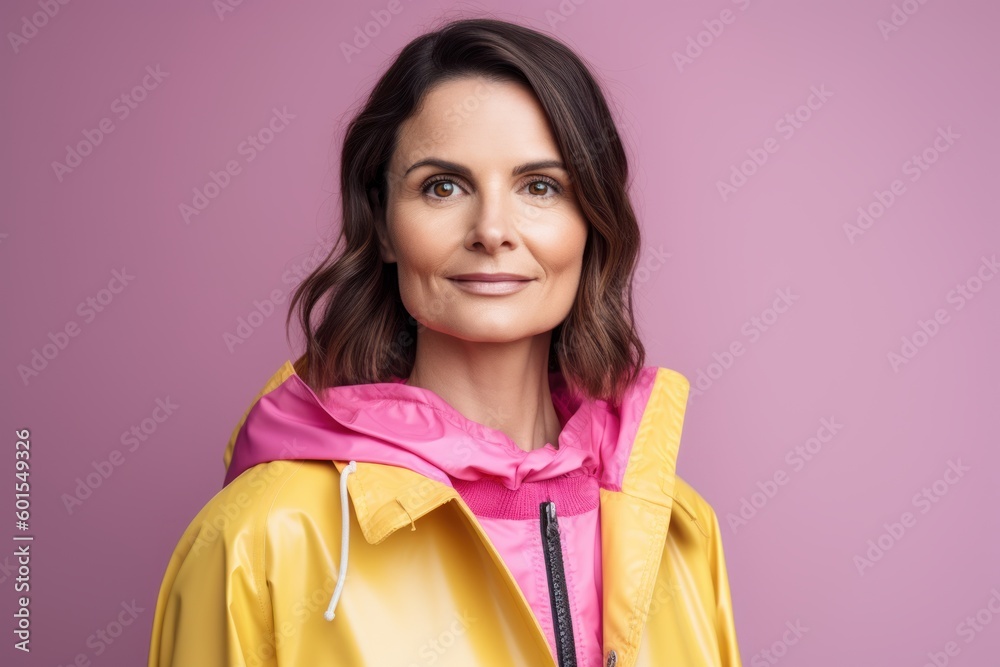 Portrait of smiling woman in yellow raincoat looking at camera isolated on pink Portrait of smiling woman in yellow raincoat looking at camera isolated on pink
