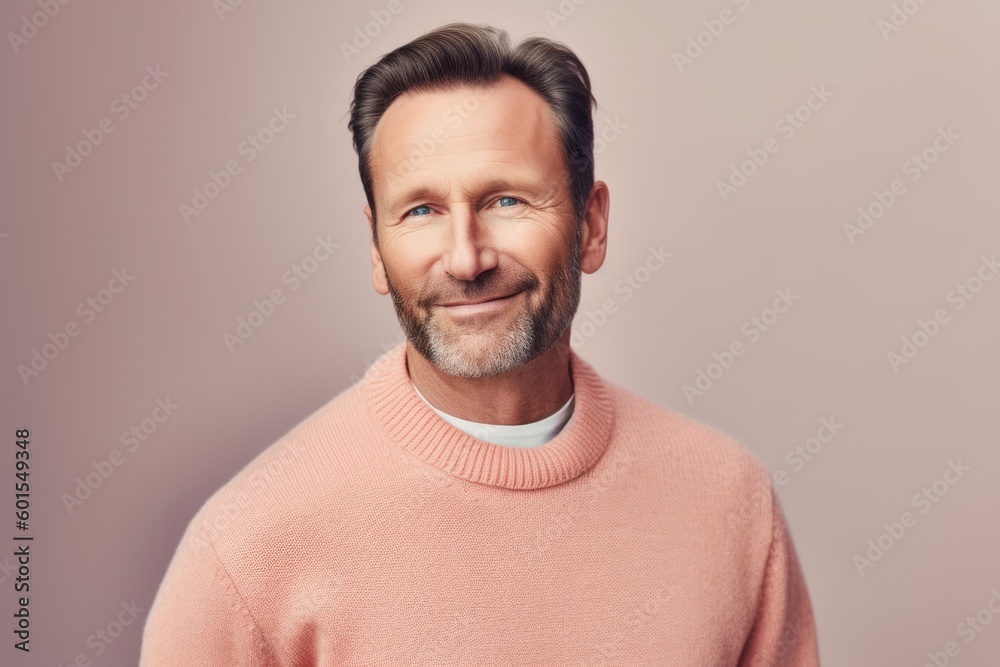 Portrait of a handsome mature man in a pink sweater. Men's beauty, fashion.
