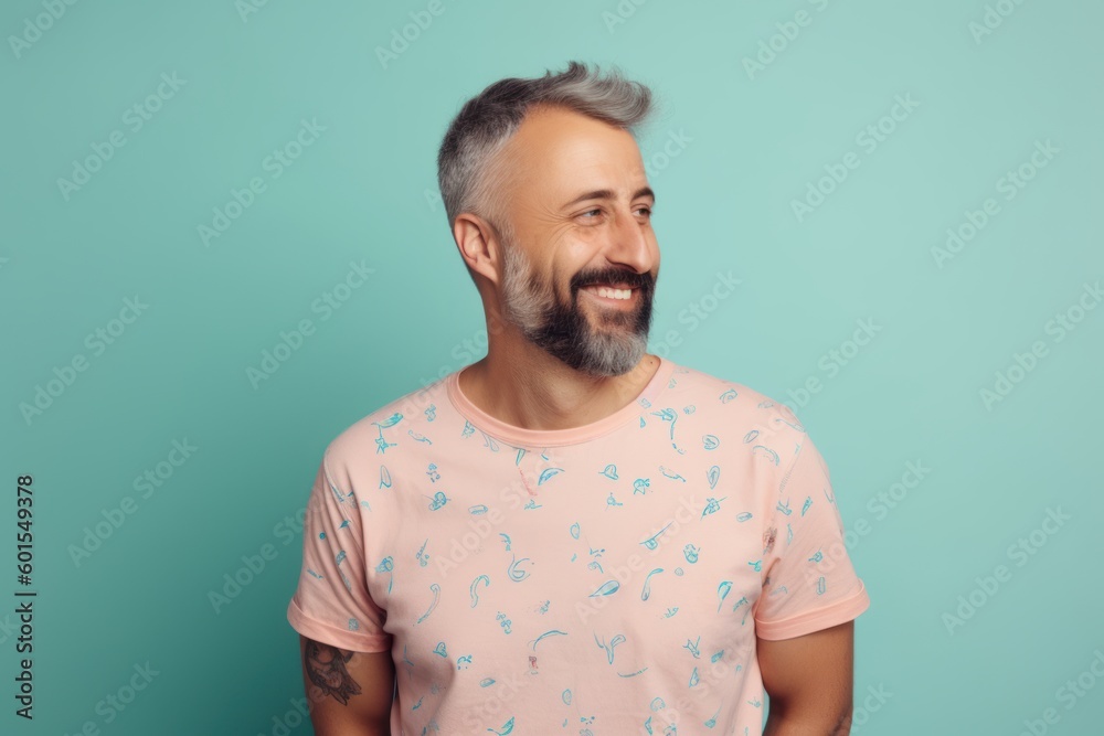 Portrait of handsome middle-aged man with gray hair and beard in t-shirt on blue background