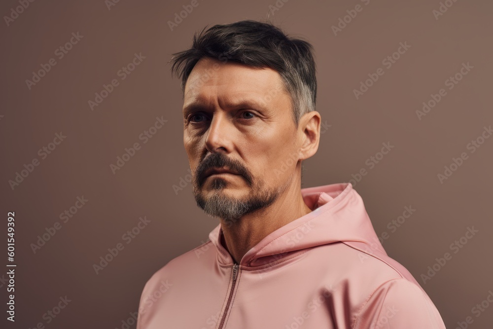 Fototapeta premium Portrait of a middle-aged man in a pink hoodie.