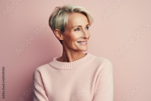Portrait of smiling mature woman looking at camera isolated on pink background