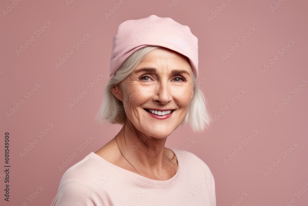 Portrait of smiling senior woman in pink cap isolated on pink background Portrait of smiling senior woman in pink cap isolated on pink background