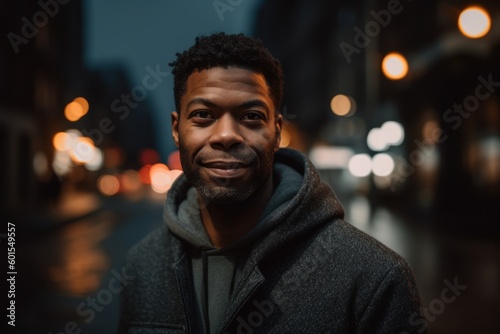 Portrait of handsome african american man in the city at night