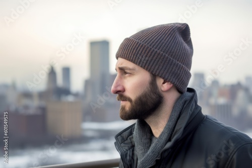 Young handsome man with beard and mustache in black jacket and hat against view of New York city © Eber Braun