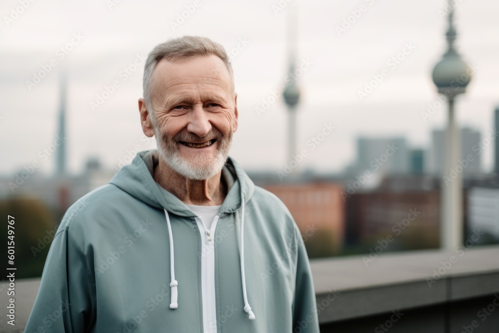 portrait of smiling senior man in hoodie looking at camera in city portrait of smiling senior man in hoodie looking at camera in city