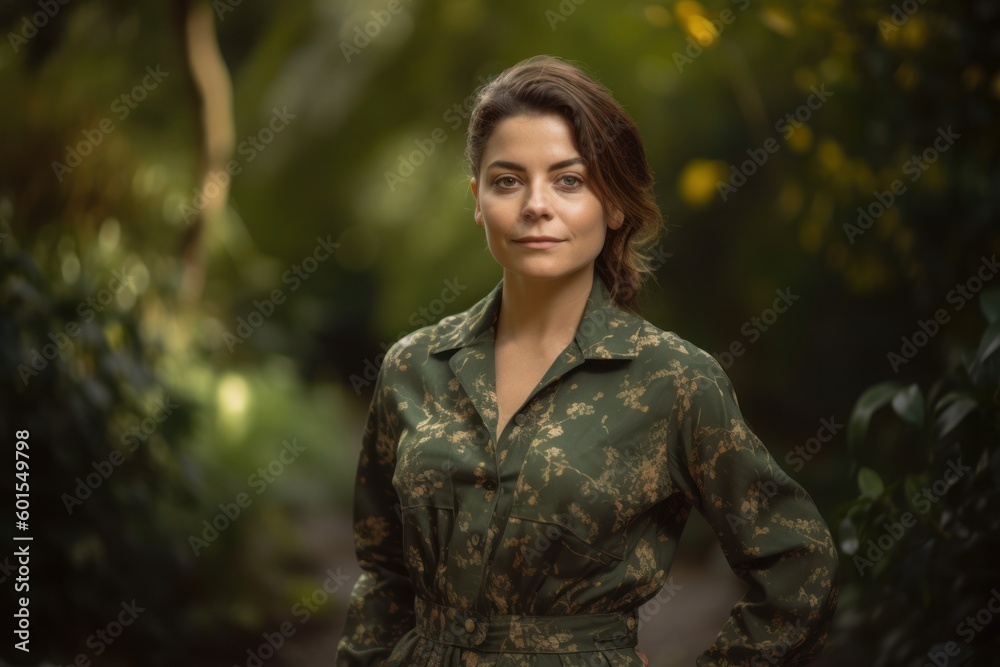 Portrait of a beautiful young woman in a military uniform in the park