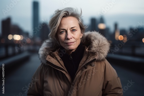 Portrait of a senior woman in a winter jacket on the street.