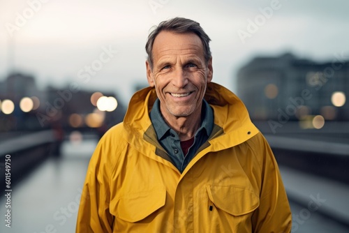 Portrait of a smiling senior man in yellow raincoat looking at camera outdoors