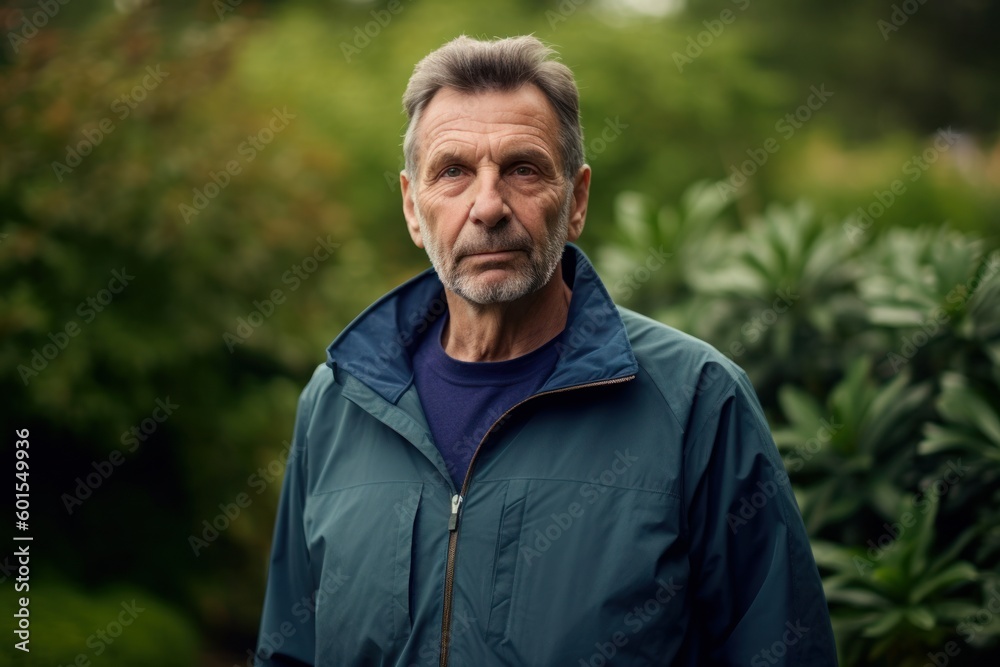 Portrait of a senior man in a blue jacket in the garden.
