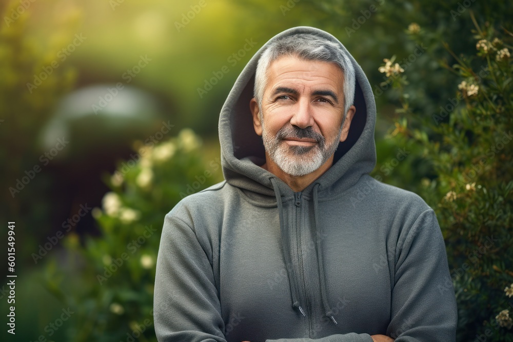 Handsome middle-aged man with gray hair and beard in grey hoodie standing with crossed arms in the garden. Handsome middle-aged man with gray hair and beard in grey hoodie standing with crossed arms in the garden.