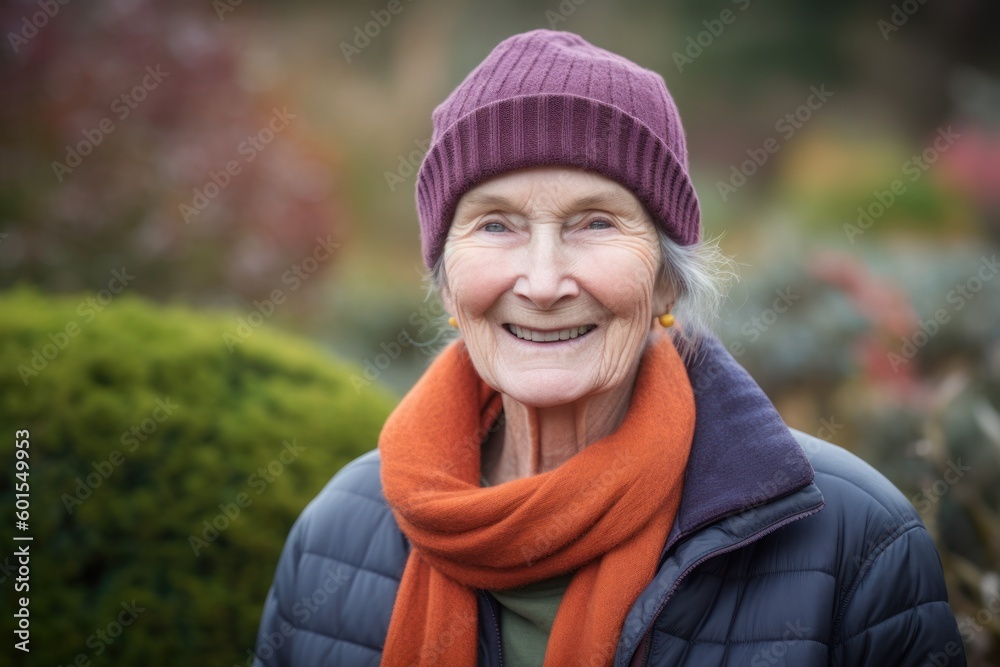Portrait of a smiling senior woman in a hat and scarf outdoors Portrait of a smiling senior woman in a hat and scarf outdoors