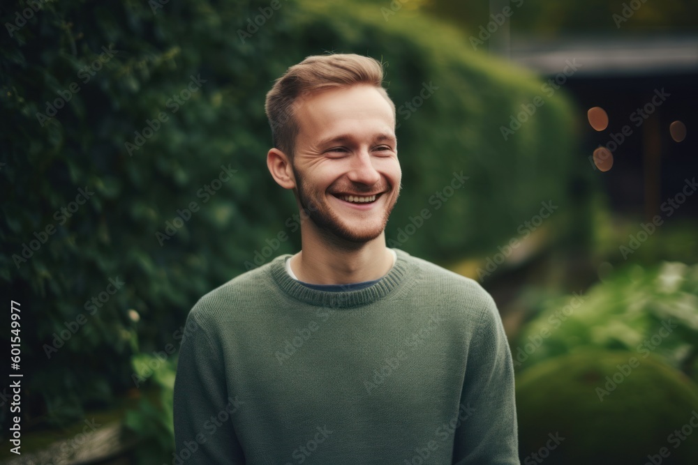 Portrait of a smiling young man in a green sweater on a background of green plants