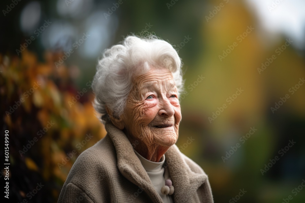 Lifestyle portrait photography of a grinning elderly 100 year old woman wearing a cozy sweater against a garden or botanical background. Generative AI - obrazy, fototapety, plakaty 