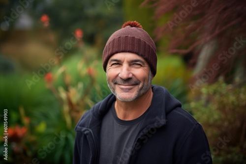 Portrait of a smiling mature man wearing a hat in the garden