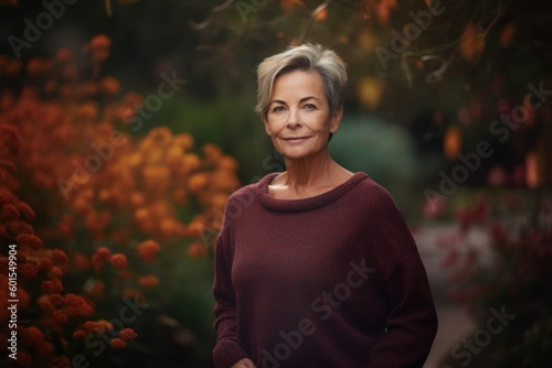 Group portrait photography of a tender woman in her 50s wearing a cozy sweater against a garden or botanical background. Generative AI