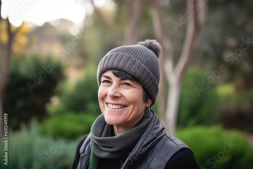 Portrait of a beautiful middle-aged woman in a warm hat and scarf in the park