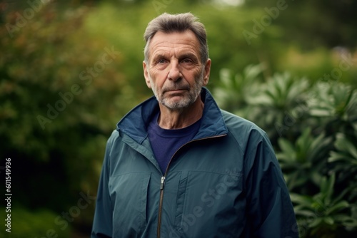Portrait of a senior man in a blue jacket in the garden.