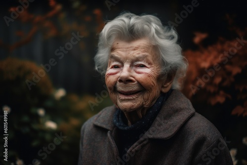 Lifestyle portrait photography of a grinning elderly 100 year old woman wearing a cozy sweater against a garden or botanical background. Generative AI