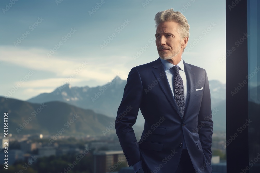 Handsome mature businessman in suit looking away while standing against cityscape Handsome mature businessman in suit looking away while standing against cityscape