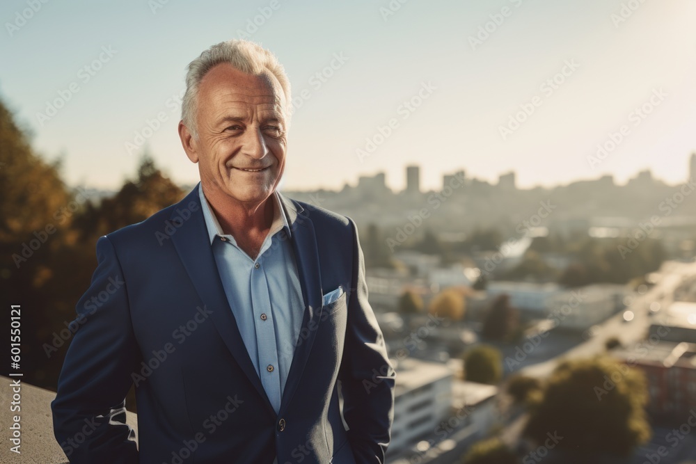 Portrait of a smiling senior businessman standing on the roof of a building