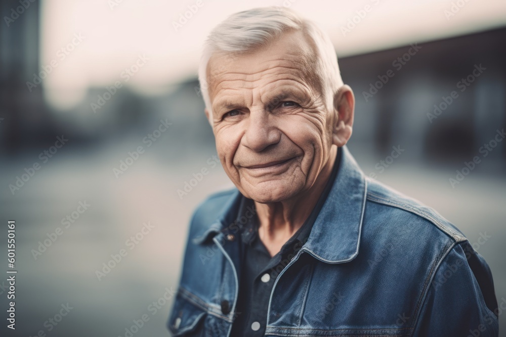 Portrait of senior man in jeans jacket looking at camera in city Portrait of senior man in jeans jacket looking at camera in city