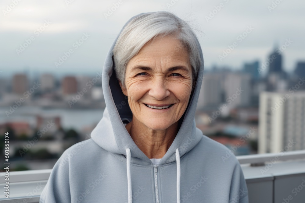 Φωτογραφία Medium shot portrait photography of a pleased woman in her 60s wearing a stylish hoodie against an aerial view background