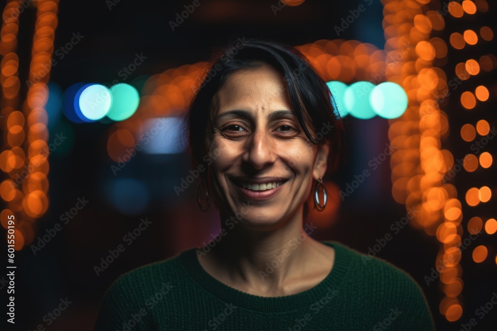 Portrait of a young woman in a green sweater on a background of blurred lights Portrait of a young woman in a green sweater on a background of blurred lights