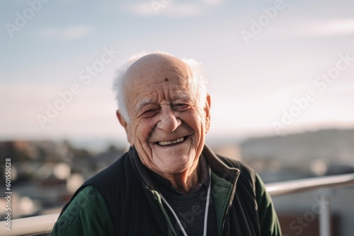 Portrait of an elderly man smiling while standing on a balcony at sunset