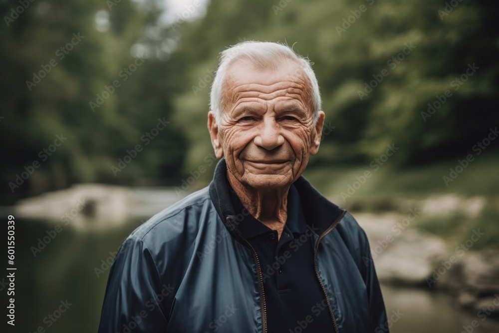 Portrait of a happy senior man standing in the park by the river