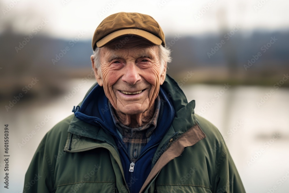 Portrait of a senior man smiling in front of a lake.
