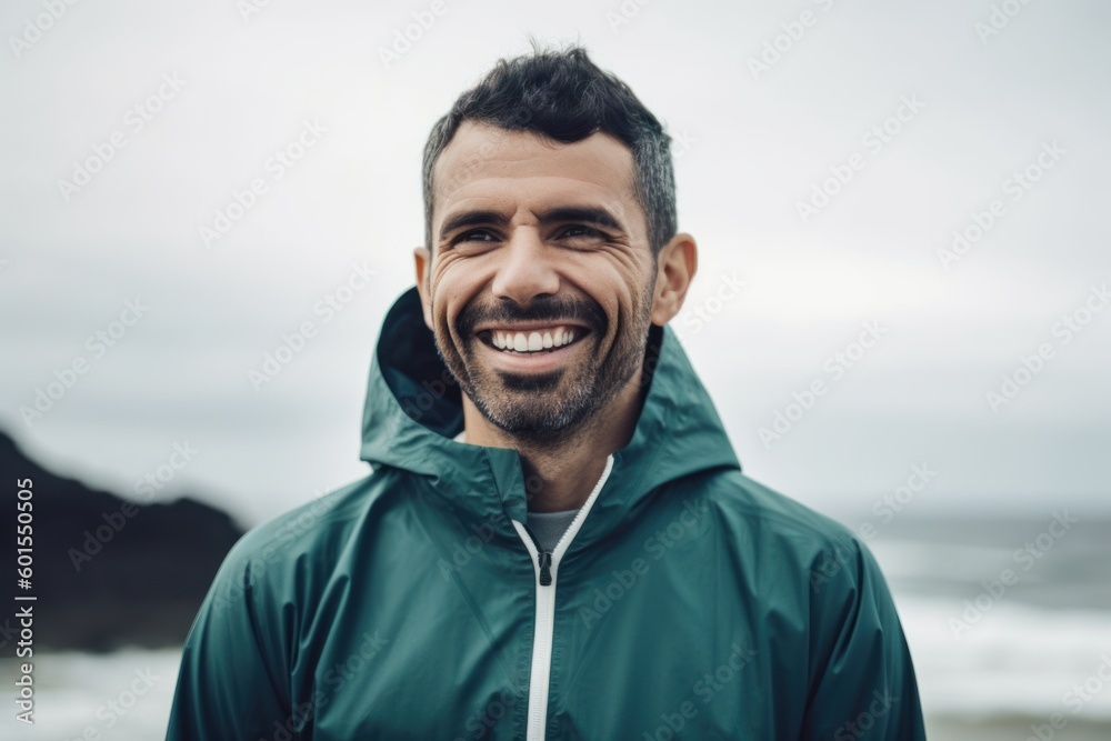 Portrait of a smiling young man in a green jacket standing on the beach Portrait of a smiling young man in a green jacket standing on the beach
